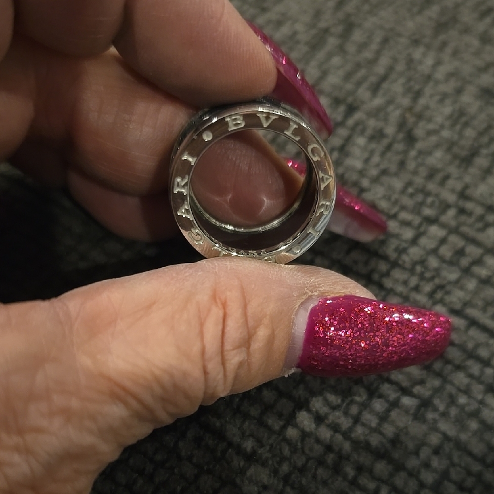 Bvlgari Inspired Engraved Logo Ring Polished Silver